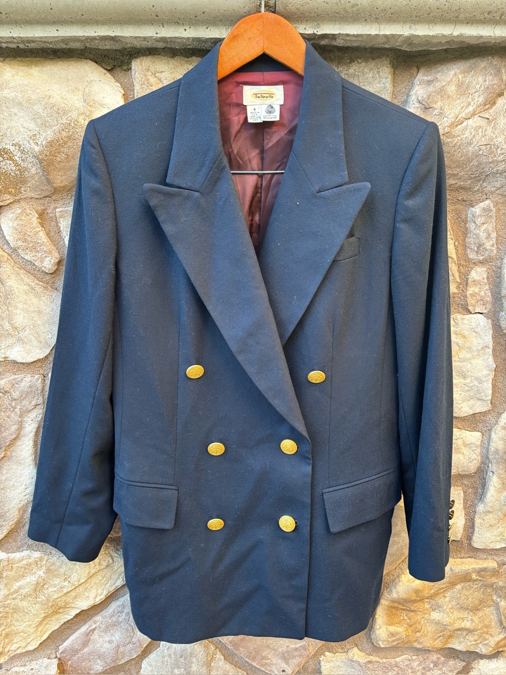 VTG Talbots Navy Double Breasted Wool Blazer Womens 8 Pockets Gold Buttons USA